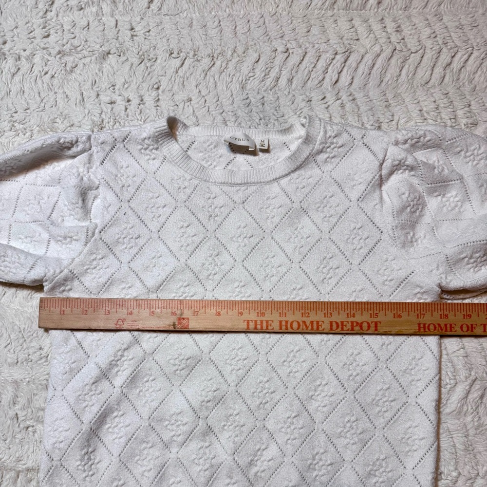 White Short Sleeve Pointelle Knit Sweater| Puff Sleeves Medium cottagecore - Picture 3 of 5